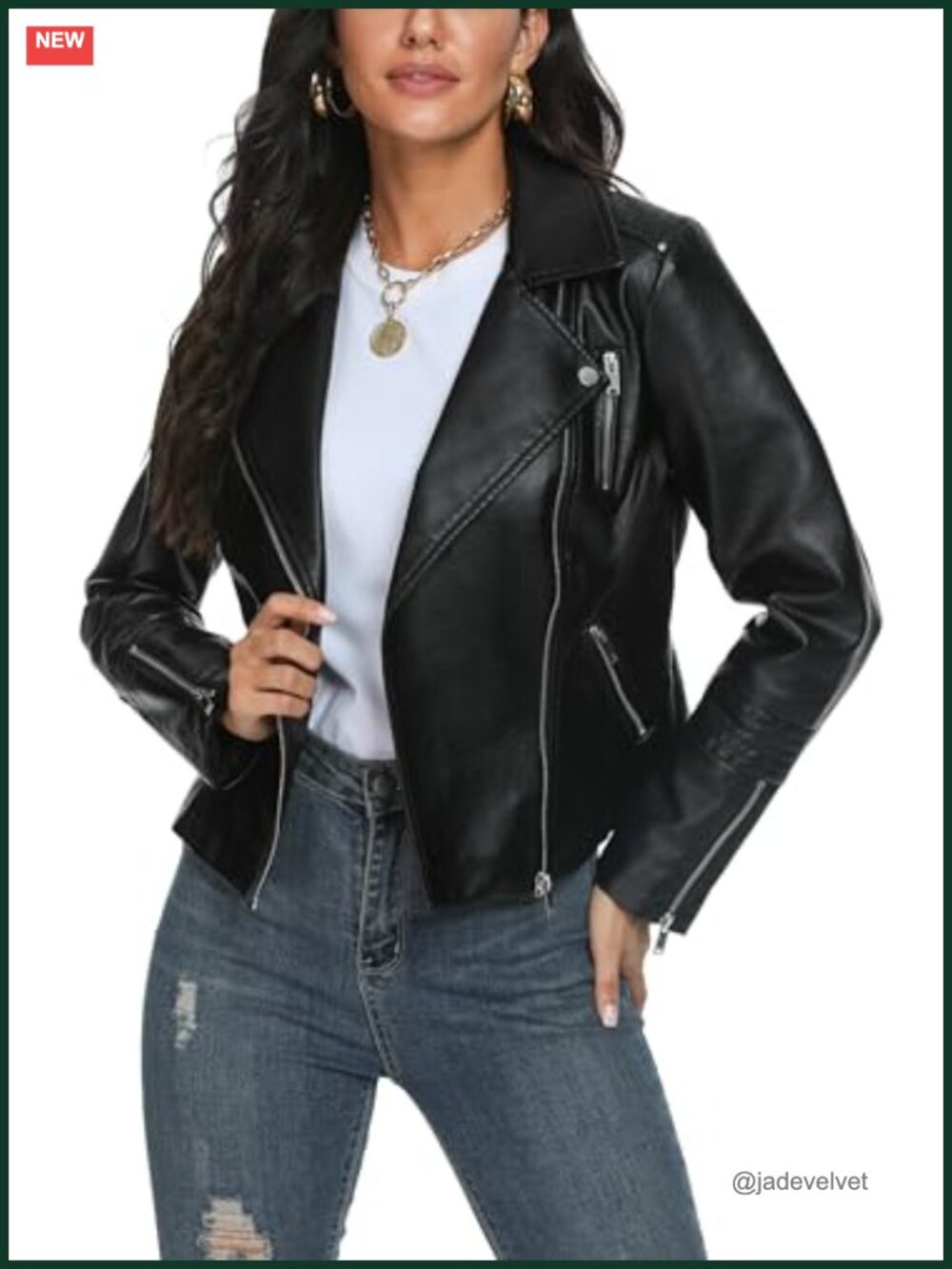 Faux Leather Moto Jacket Fitted Wing Collar Aviator Style